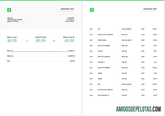 Extrato de conta realista do aplicativo USA Cash, modelo Word e PDF, 2 páginas